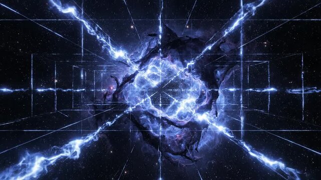 Vibrant blue and purple nebula with glowing central star formation and scattered distant star field in deep space vector illustration