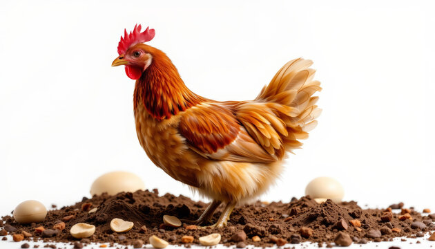 Chicken rooster brown feather farm bird white background egg dirt peanut