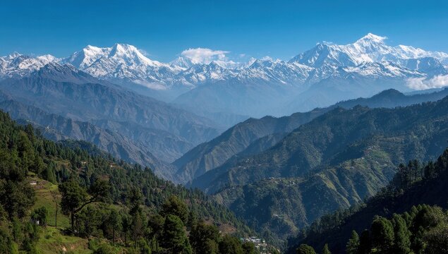 Vibrant panoramic view of snow-capped himalayan mountains and lush green valleys