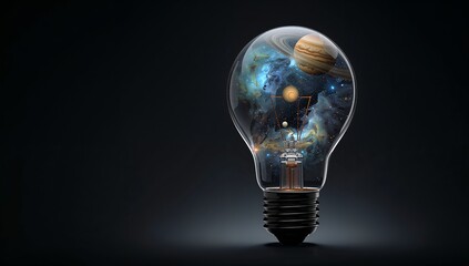 Cosmic Lightbulb - Universe Encapsulated, Dark Background, Creative Concept, Surreal Imagery.