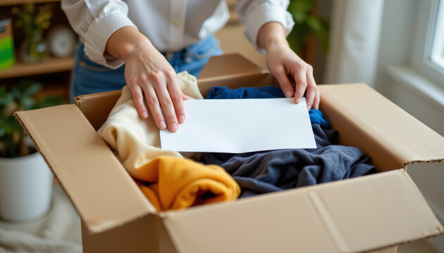 Woman hands cardboard box clothing donation folded clothes letter home charity volunteer - Powered by Adobe