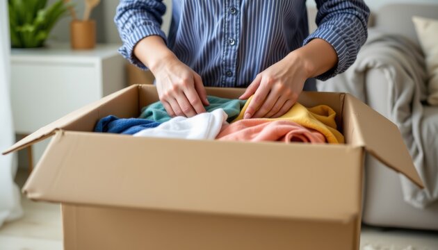 Woman hands cardboard box clothing donation folded clothes letter home charity volunteer
