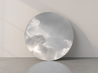 Minimalist Circular Mirror Reflecting Dramatic Cloudy Sky on a Serene Wall.