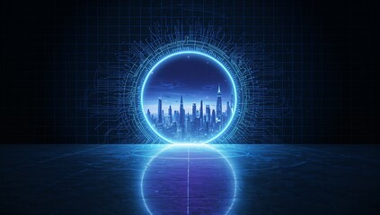Futuristic Neon City Portal - Illuminated Circle Reflecting Urban Skyline in Dark Space.