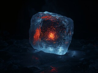 Illuminated Ice Cube with Fiery Core - Dramatic Lighting and Abstract Composition.