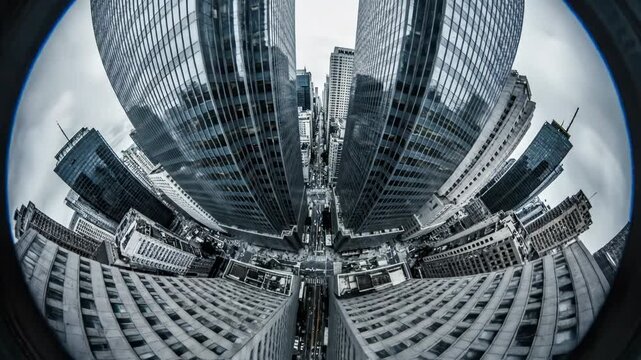 Extreme fisheye view looking down a canyon of skyscrapers onto a city street below in monochrome vector illustration