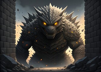 Massive spiky monster emerging from ruined archway with glowing eyes