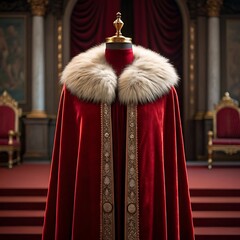 Royal red velvet cloak with fur collar on display in a palace throne room