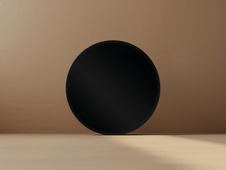 Sleek Black Circle on Warm Beige Studio Background with Elegant Shadow Play.