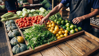 Fresh produce market display with various colorful fruits and vegetables.