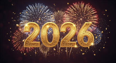 Golden 2026 numbers illuminated by vibrant fireworks display