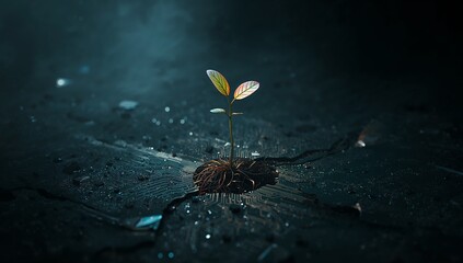 Ethereal Light Illuminates Resilient Sprout Emerging from Dark Water.
