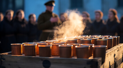 Solemn remembrance with steaming vessels and uniformed figures, evoking reflection. Evokes contemplative atmosphere, honoring historical moments.  #Remembrance