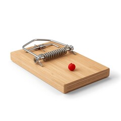Wooden mouse trap with a small red ball bait on a white background