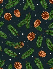 Festive pattern with pinecones, spruce, and stars on a dark background
