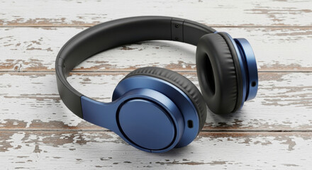 Stylish blue over ear headphones on a rustic wooden background