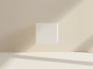 Minimalist White Square Podium Floating in a Beige Room with Soft Diagonal Sunlight Shadows.
