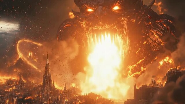 4K Apocalyptic Demon Unleashed Horror Over Burning Cityscape