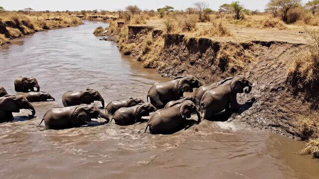 Large herd of african elephants crossing a muddy river during a dry season in the savanna vector illustration