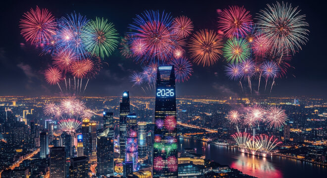 Spectacular cityscape fireworks display illuminates the night sky - Powered by Adobe
