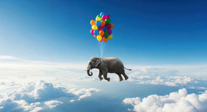 Elephant floating in sky with colorful balloons - Powered by Adobe