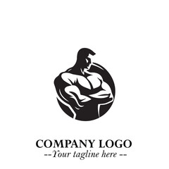 Fototapeta premium Man With Muscle Logo Symbol in Black on White Background for Strong Bold Fitness Branding Design Art