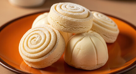 Steamed sweet buns with swirl patterns on a plate