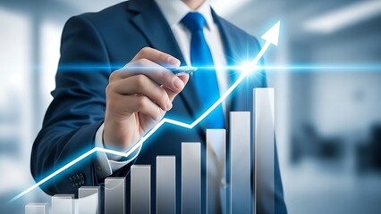 Businessman drawing growth chart with pen showing positive trend line