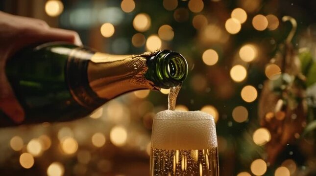 Pouring sparkling champagne for a festive new year celebration party