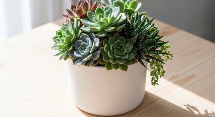 Assortment of succulents in a modern white pot on a wooden surface