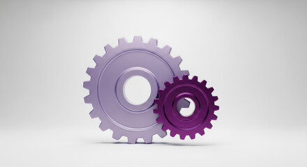 Two interlocking gears one large purple and one small lavender