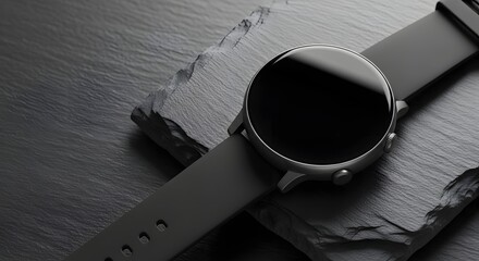 Close-up of a sleek digital smartwatch with a blank screen on a dark textured stone slab for modern technology concept and elegant product display