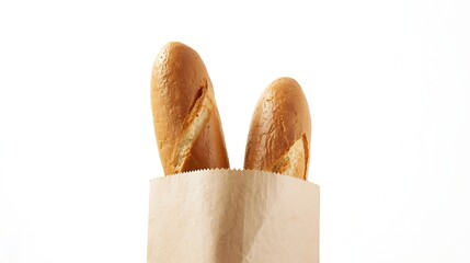 Two freshly baked baguettes peeking out of a paper bag