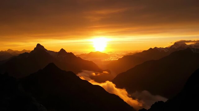 Dramatic golden sunrise over silhouetted mountain range with clouds filling the valley below vector illustration