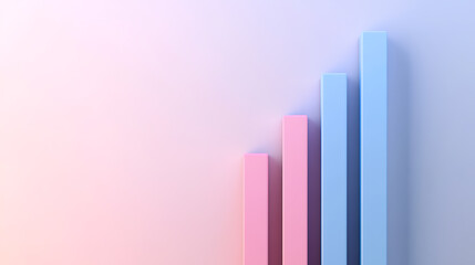 3D rendering of a pastel color bar graph against a soft gradient background. The bars are pink and blue, increasing in height from left to right, indicating upward progress or positive growth.