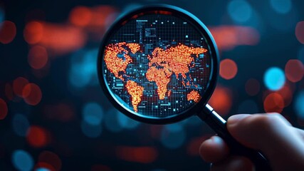 Magnifying glass digital world map data visualization and global network cyber security analytics technology research with orange glow and blue bokeh - Powered by Adobe