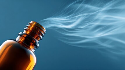 Essential oil bottle releasing soft mist with flowing vapor against blue background, creating calming and soothing atmosphere for aromatherapy and wellness use