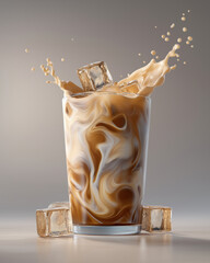 Iced latte with swirling milk and glossy ice cubes in clear glass under cinematic lighting on light gray background
