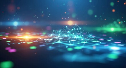 Dynamic network connections for modern business solutions, futuristic technology visualization with vibrant colors and glowing nodes for innovative designs