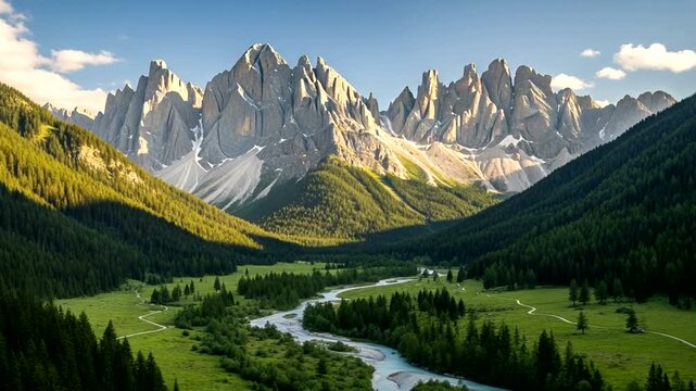 Breathtaking dolomites landscape featuring towering peaks, lush green valleys and a pristine river