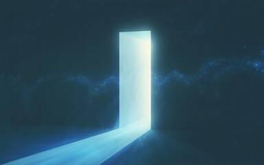 Glowing doorway opening to bright light in a dark space