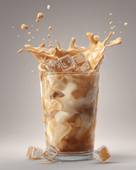 Iced latte with swirling milk and glossy ice cubes in clear glass under cinematic lighting on light gray background