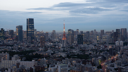 Fototapeta premium A panoramic view of Tokyo’s urban skyline at sunset, featuring dramatic clouds and a mix of modern skyscrapers and dense city streets.