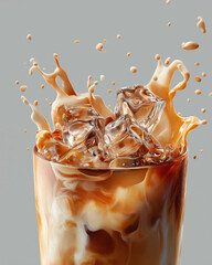 Iced latte with swirling milk and glossy ice cubes in clear glass under cinematic lighting on light gray background