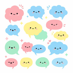 Kawaii Cute Speech Bubbles Vector Illustration Set