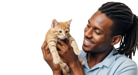 Man holding an orange tabby kitten isolated on transparent background