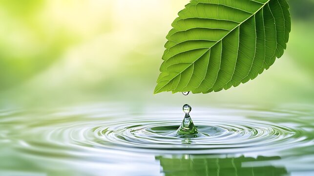 Water droplet falling from green leaf into water, creating ripples in a calm surface