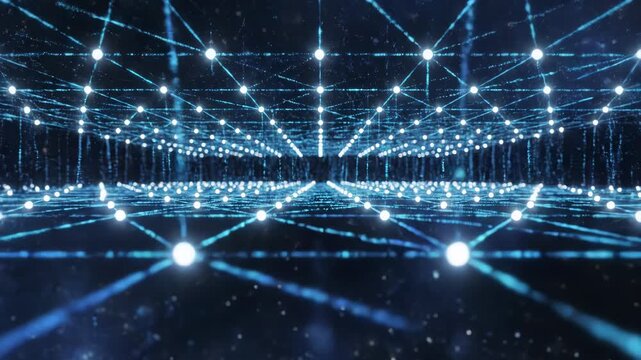 Abstract digital network grid with glowing blue nodes and lines receding into dark futuristic space vector illustration