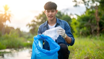 Young Asian Man Volunteering to Clean Up Park.