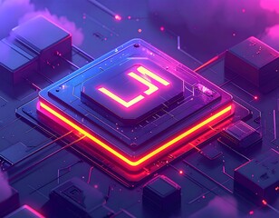 Futuristic central processing unit, lit in neon against a cloudy sky